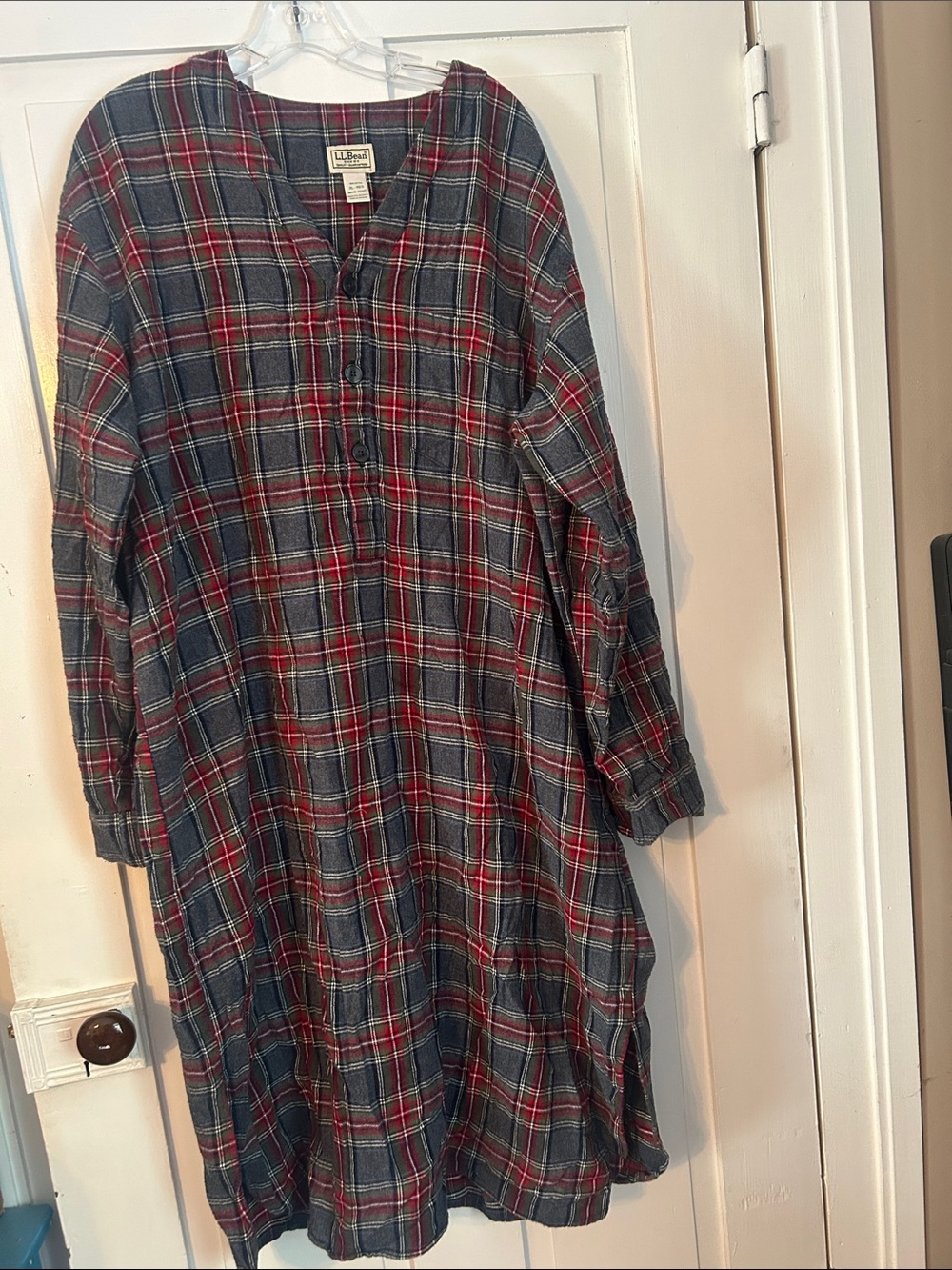 VTG LL Bean Flannel Nightgown Plaid Cotton Henley XL Prairie Cottage Tartan